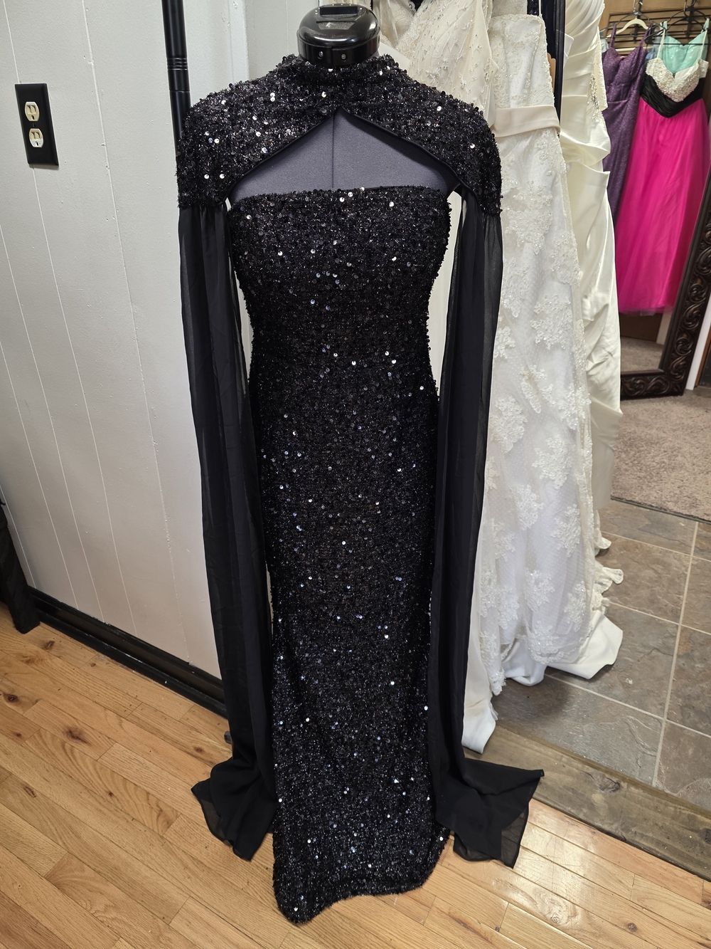 Black Sequin Maxi Dress with Beaded/Sheer Cape.